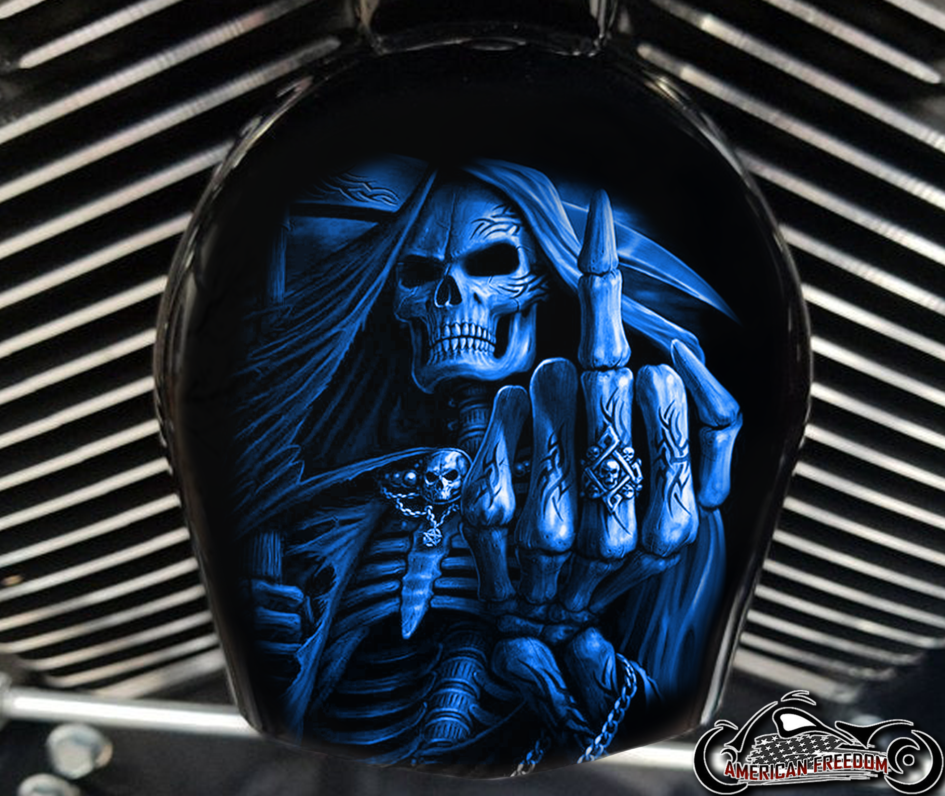 Custom Horn Cover - Middle Finger Reaper blue